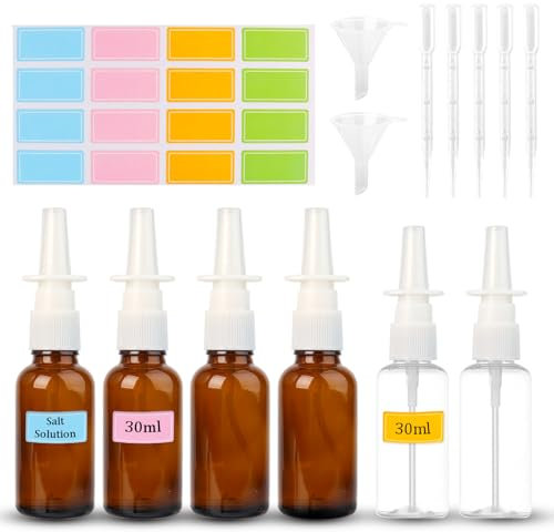 NVGVUP 6 stycken nässprejflaska tom, 30 ml näsdusch sprayflaska glas påfyllningsbar, återanvändbara fina sprayflaskor med tratt pipettetiketter, för salin, parfym eteriska oljor