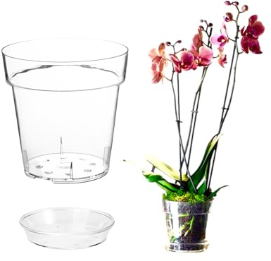 Generico Vaso Trasparente per Orchidee con Fori e Sottovaso, Plastica rigida lucida trasparente, (3, Ø 13cm)