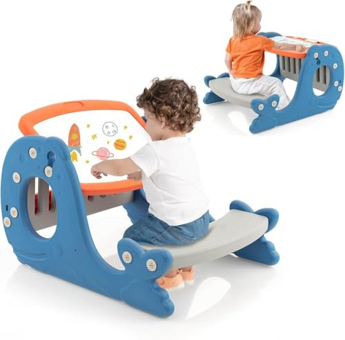 FANTASK Cavalletto per bambini con tavolo e lavagna bianca e panca, 4 in 1, colore blu, a forma di balena, tavolo per bambini con ripiano per bambini dai 1 anni in su