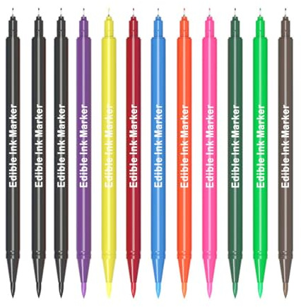 Edible Markers 12 Pcs Ultra Fine Tip(0.5mm) Food Coloring Pens, Double Sided Food Grade Gourmet Writers for Cake,Cookie,Fondant Decorating,Painting,Drawing,Baking（12PCS)