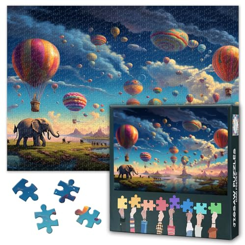1000 Piece Puzzles for Adults Fantasy Landscape with Flying Balloons and Elephants Jigsaw Puzzles, Imaginary Landscapes Impossible Puzzle, 19.5 x 27.5 Inch
