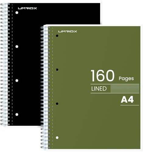 Umriox A4 Notebook, 8 mm Lined Wirebound Notebook with 4-Hole Punch Margins, 160 Pages Premium Paper College Ruled Journal with Perforated Edges, Pack of 2 Notepads - Black+Green