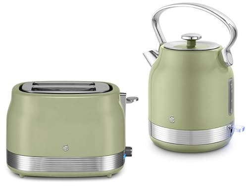Swan Retro Revive Green Traditional 1.7L 3KW Kettle & 2 Slice Toaster. Stovetop Inspired Design Kettle & Toaster Matching Retro Design Kitchen Electrical Set in Green