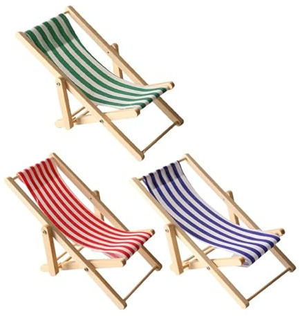 Joinpaya Lot de 3 Chaises de Plage Miniatures pour Maison de Poupée, Transat Pliable en Bois à Rayures (Rouge, Bleu, Vert), Mobilier de Jardin Miniature 1:12, Accessoires de Décoration Bord de Mer