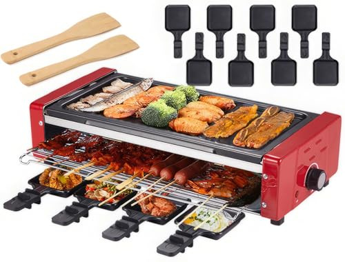 Electric Raclette Grill with 8 Cheese Pans, Nonstick Smokeless Indoor BBQ for Cooking Parties