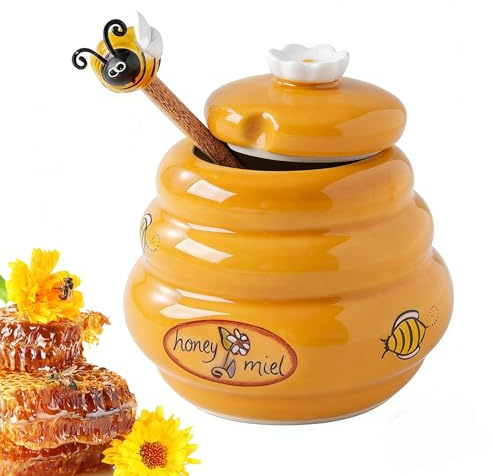 Genérico Dispensador De Miel,Bote De Cerámica Hermético Con Ancha | Recipiente Para Miel Con Cuchara - Para Almíbar Mermelada Cocina Despensa Comedor Restaurante Repostería