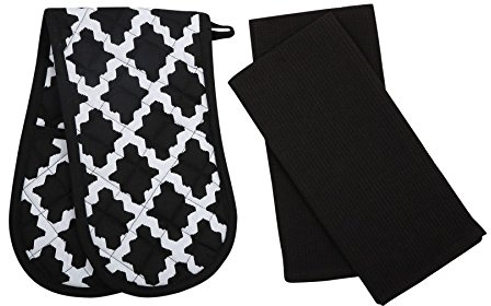 Penguin Home Heat Resistant Oven Gloves with Set of 2 Tea Towel Oven Mitt & Potholder for Home Cooking - Maximum Heat Protection/Kitchen Accessories (Diamond Black) Size - (18x90 & 65x45 cm)