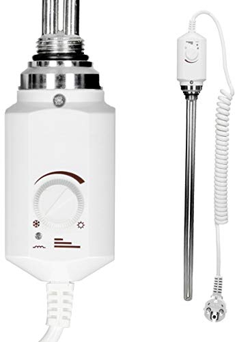 ECD Germany Heizstab 600W Weiß für Badheizkörper, Heizpatrone mit Thermostat für Heizkörper, Elektronischer Temperaturregler, Heizelement mit Stecker, Elektroheizstab für Heizungen & Handtuchtrockner