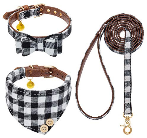 EXPAWLORER Set med hundhalsband och koppel – klassisk rutig fluga och hund bandana krage med söt klocka, inget trassel hundkoppel, justerbart valphalsband för små medelstora hundar katter högtid