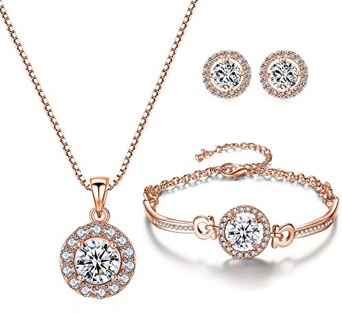 YooAi Schmuck Set Runde Anhänger Halskette Ohrringe und Armband Set Zirkonia Schmuck für Frauen Runde Roségold