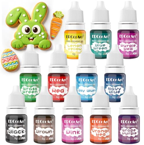 12 Colours Gel Food Colouring - Icing Gel Colours Set with Gloves, Food Colouring for Cake Decorating, Baking, Macarons, Buttercream, Easter Eggs and DIY Crafts -Vegan, Non Gluten (6 g Each)