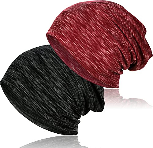 2 Pieces Soft Cotton Slouchy Beanie, Lightweight Workout Beanie Hats Baggy Skull Cap Stretchy Chemo Hats for Men Women