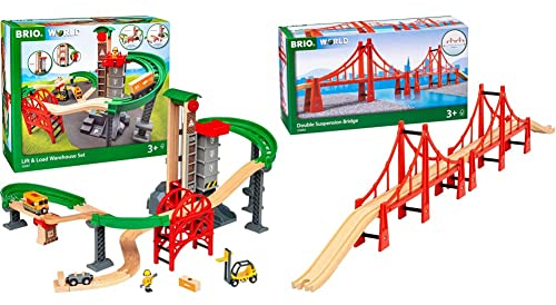 BRIO World 33887 Großes Lagerhaus-Set mit Aufzug - Zubehör für die BRIO Holzeisenbahn - Konstruktionsspielzeug empfohlen für Kinder ab 3 Jahren & World 33683 Hängebrücke