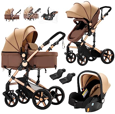 Prokoke Kinderwagen 3 in 1, Kinderwagen mit Rahmen Aluminiumlegierung, Buggy mit Umkehrbarem Zwei-Wege-Schub, Kombikinderwagen 3 in 1 Einem Klick Faltbar Baby Kleinkind Neugeborene (588 Khaki New)