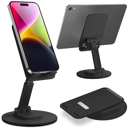 Empire Foldable Phone Stand for Desk – Height Adjustable Metal Mobile Phone Stand with 360° Rotating Base - Mobile Phone Holder Compatible with All iPhones and Android Smartphones (Black)