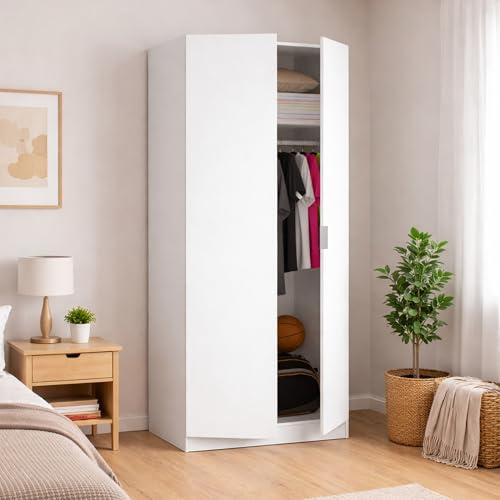 Dmora Guardaroba 2 Ante Giovo 52x184h cm Bianco Appendiabiti un Ripiano, Armadio Camera da Letto 2 Ante