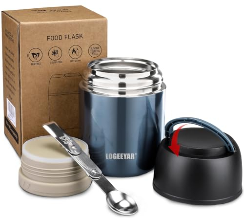 Itslife Thermobehälter für Essen 500ml Thermobehälter Edelstahl Warmhaltebehälter mit faltbaren Löffel, Thermo Lunchbox für Heißfutter Kinder Erwachsene für die Schule, Büro (Blau)