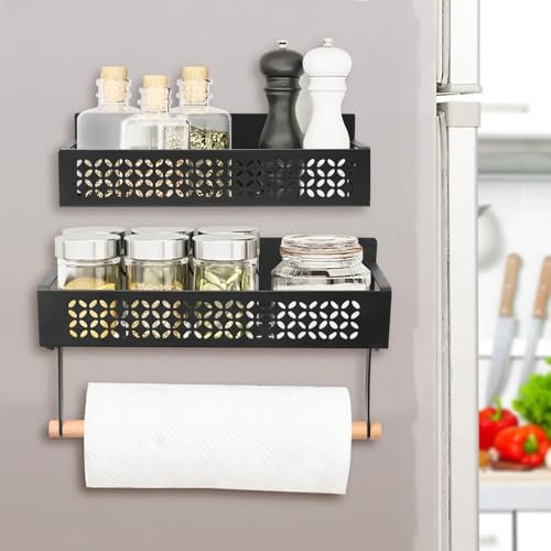 Gachiwar Magnetic Shelves for Fridge, 2 Set Spice Rack with Paper Towel Holder Magnet Fridge Shelf Fridge Side Storage Rack Magnetic Fridge Storage Rack Kitchen Storage