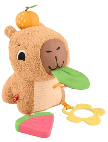 Fisher-Price Baby Sensory Toy Snuggly Snacky Capybara Plush with Newborn Teether & Rattle Activities for Infants Ages 3+ Months