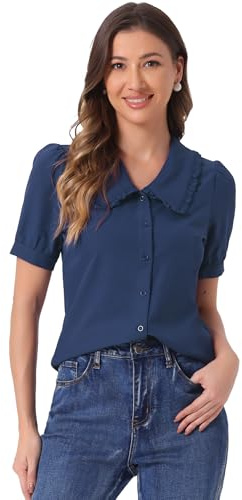 Allegra K Chemise en chambray pour femme, col claudine, manches bouffantes, chemisier vintage en denim