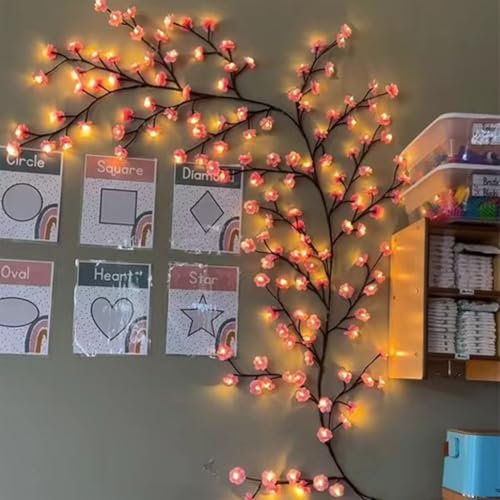 LED Kirschblüten Zweige Lichter, Kirschblüten Wand, LED Sakura Vine Wand Deko, Warmweiss Rattan Lichterkette Wanddeko mit Fernbedienung für Schlafzimmer Deko Valentinstag (96LEDs, 1.8Meter)