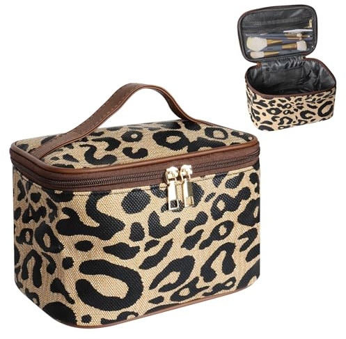 Sminkväska dam, fyrkantig necessär, resa necessär män & kvinnor, kompakt bärbar sminkväska för pojkar och flickor, makeup-väska arrangör med handtag, Leopardtryck, Mode