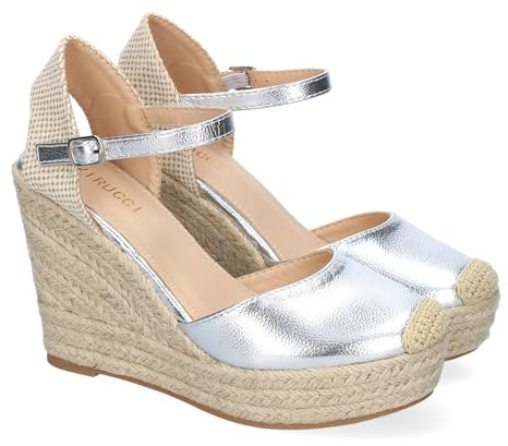 shoes&blues.es 91837 Sandalia de Cuna de Yute para Mujer, Comodas y Elegantes, Diseno Moderno con Punta Bordada y Cierre de Hebilla, Ideales para Primavera-Verano. Plata Talla 39