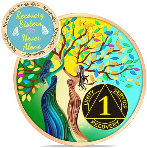 LParkin Moneda de recuperación de hermanas, moneda de sobriedad de 1 año, moneda AA del árbol de la vida, regalos de sobriedad para mujeres, símbolo de aniversario sobrio, medallón anónimo de