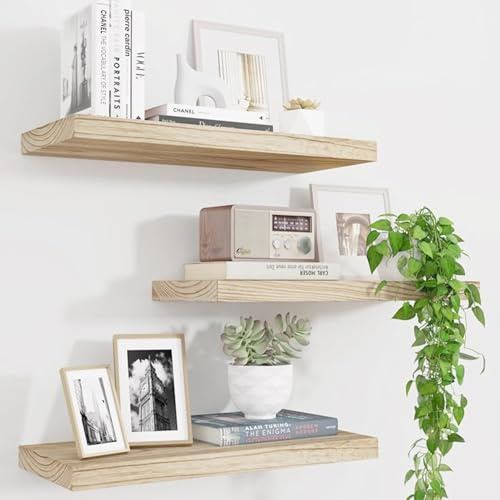 SPRIGLY Premium Floating Shelves Set of 3(41 cm) Paulownia Wood Wall Shelves with Invisible Brackets, Wood Finish for Bathroom,Living Room, Bedroom,Kitchen & Office(Light Brown)