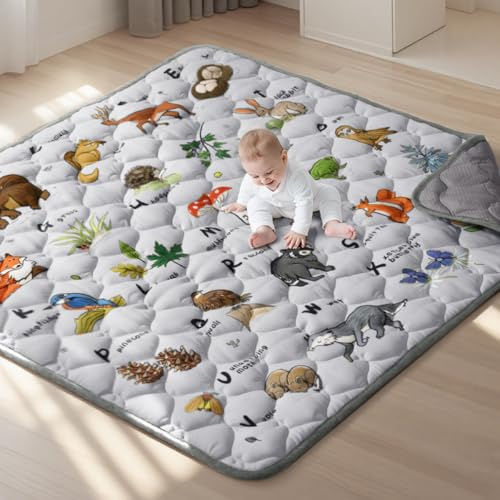 COMOMY Baby Play Mats for Floor, 127x127 cm Quilted Soft Padded Playmat for Playpen, Anti-Slip Crawling Mat, Foldable Washable Activity Mat for Toddlers and Kids, Light Grey
