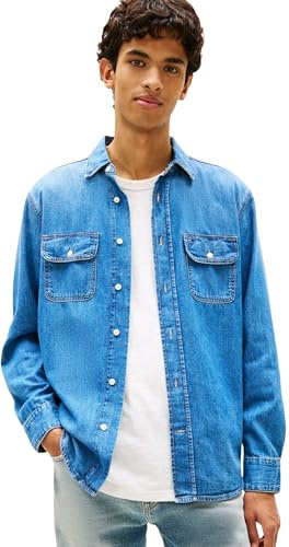 Tommy Jeans Uomo Camicia in Jeans Denim in Cotone, Blu (Denim Medium), XXL