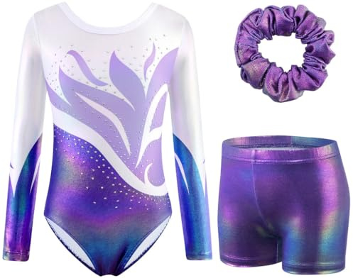 XiaoMoSha Girls Three-Piece Gymnastics Leotards Set Long Sleeve Leotards with Shorts and Hairband Sparkly Ballet Dance Unitards Gradient Color Gymnastics Outfits for Kids, WhitePurple, 5-6 Years