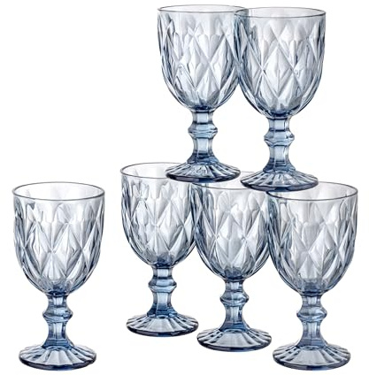 Baroni Home Lot de 6 verres en diamant en verre décorés avec finitions en forme de losange en relief de 25 cl - Lavables au lave-vaisselle - 8 x 8 x 15 cm - Bleu