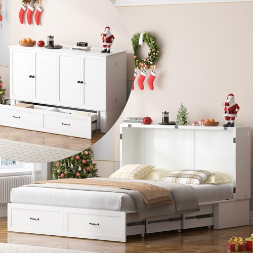 BALUS Queen Size Murphy Bed Cabinet with Mattress Included, Convertible Cabinet Bed with Storage Drawer & Built-in USB Charging Station, Space Saving Bed for Small Apartment, White, Rectangle