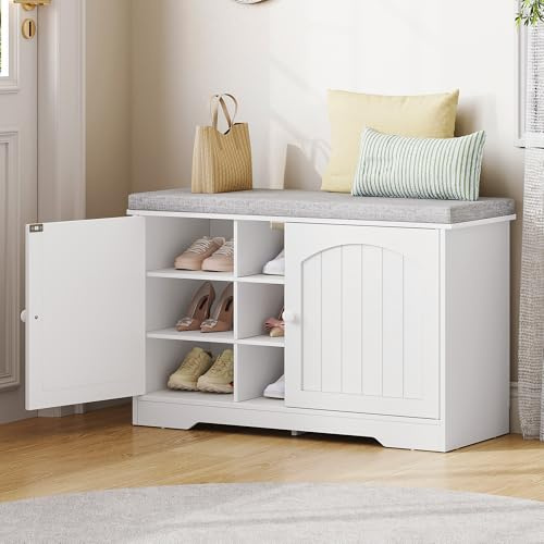 Fobyfurny Banc à Chaussures, Banc de Rangement, 80 x 34 x 55 cm, Blanc