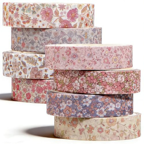 cobee 8 rullar vintage washi-tejp set, blommig dekorativ maskeringstejp blommor konst självhäftande tejp retro mönster självhäftande hantverkstejp för scrapbooking journalföring gör-det-själv