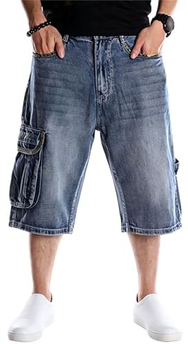 Pantalones cortos de mezclilla holgados para hombre, estilo hip hop, holgados, holgados, de gran tamaño, por debajo de la rodilla