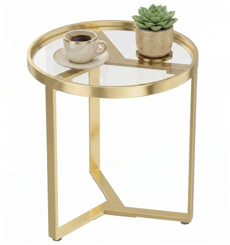 HOMCOM Round Side Table with Tempered Glass Top for Small Space Gold Tone | Modern End Table, Geometric Metal Frame, Living Room, Bedroom