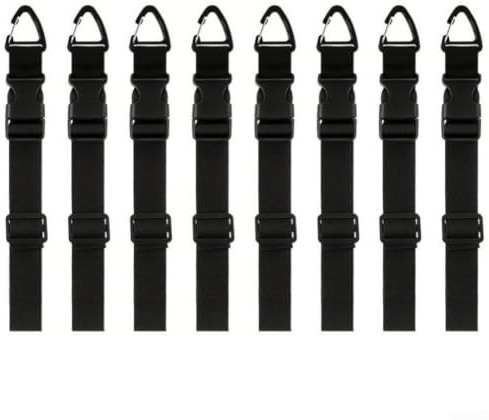 Justerbara förvaringsremmar 8-pack med triangulär klämma för att organisera förlängningssladdar, slangverktyg, garage, svart (2,5 x 45 cm)