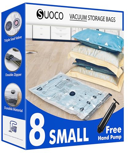 SUOCO Sacchi Sottovuoto Vestiti con Pompa Manuale, 8 Small, Buste Salvaspazio per Armadi, Valigie, Vestiti e Viaggi, Perfetti per Stoccaggio