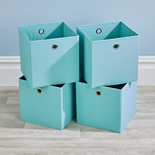 Home Source Cube Storage Boxes, Collapsible Fabric Storage Baskets, Foldable Canvas Organising Boxes, 4 Piece, Aqua Blue