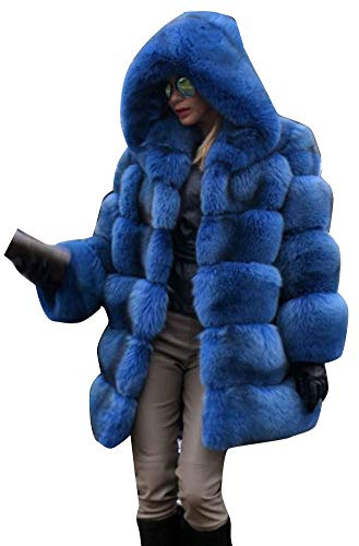 YAOTT Donna Autunno Inverno Caldo Elegante pelliccia sintetica Manica lunga Cappotto con cappuccio Parka Cappotti Trench in cardigan tinta unita Blu 3XL