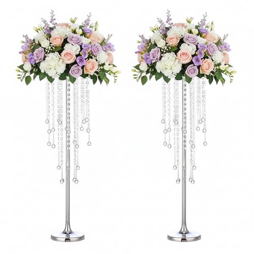 29.5 inches Tall Silver Vases for Wedding Centerpieces, Metal Flower Candle Holders, Elegant Flower Vases with Chandelier Crystals for Wedding Party Event Birthday Reception New Year Home Decorations