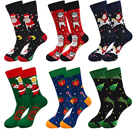 PUTUO Chaussettes Fantaisie Noël Homme: Chaussettes de Noël en Coton Homme Chaussettes Rigolotes Motif Drôle Colorées, 39-45