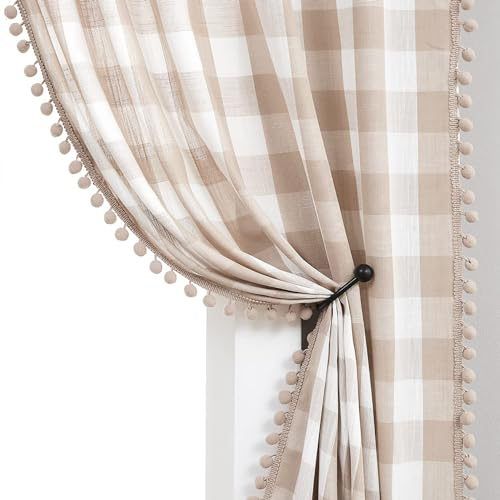 Tan Buffalo Plaid Curtains Pom Pom Window Curtains for Living Room Bedroom 40 x 54 Inch Rustic Farmhouse Gingham Check Pattern Linen Semi Sheer Drapes Taupe and White Window Panels, Pencil Pleat, 2pcs