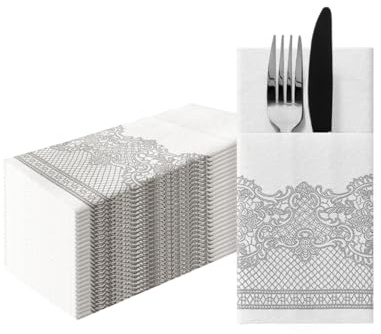 PAW Linen Feel Pocket Napkins 1/8 Fold, 25 Pack - Royal Lace Silver | Cloth-like Airlaid paper with a built-in cutlery pocket, Sets the table in seconds, Sturdy, Ideal for weddings and events