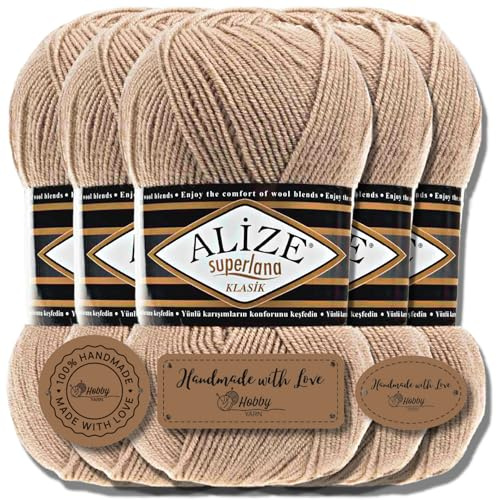 Alize Superlana Klasik, 5 x 100 g, lana turca, algodón y acrílico, liso, hilo para tejer a mano, hilo de punto, monocolor, para bebé, para crochet, 5 unidades, color beige