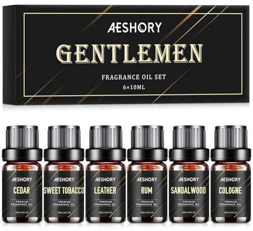 AESHORY Män Eteriska Oljor Set 6 x 10ml, Naturlig Gentleman Aromaterapi Aromatisk Oljor för Luftfuktare, Diffusor, SPA- Sandelträ, Cederträ, Läder, Söt Tobak, Rom, Köln Doftolja