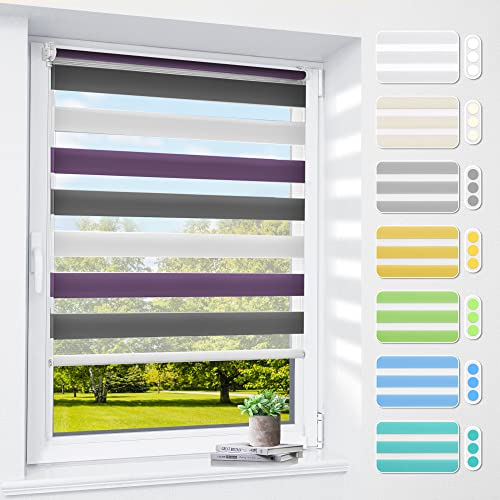 Doppelrollo klemmfix ohne Bohren & mit Bohren, 50x120cm (BxH) Weiß Lila Anthrazit, 3-in-1 Duo Rollo für Fenster & Tür, Fensterrollo innen lichtdurchlässig & verdunkelnd, Klemmrollo Rollos Sonnenschutz