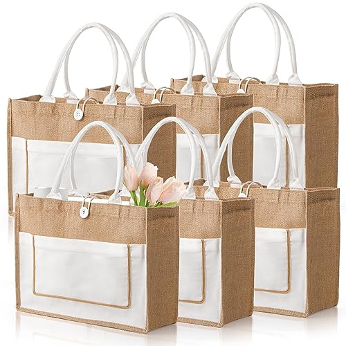 ZOOFOX 6 Pack Jute Tote Bags, 16.5x 13x 7 Large Burlap Tote Bag with Handles, Beach Bag for Women, Grocery Bridesmaid Bag Weaving Tote Bags for Beach, Wedding, Shopping, Travel